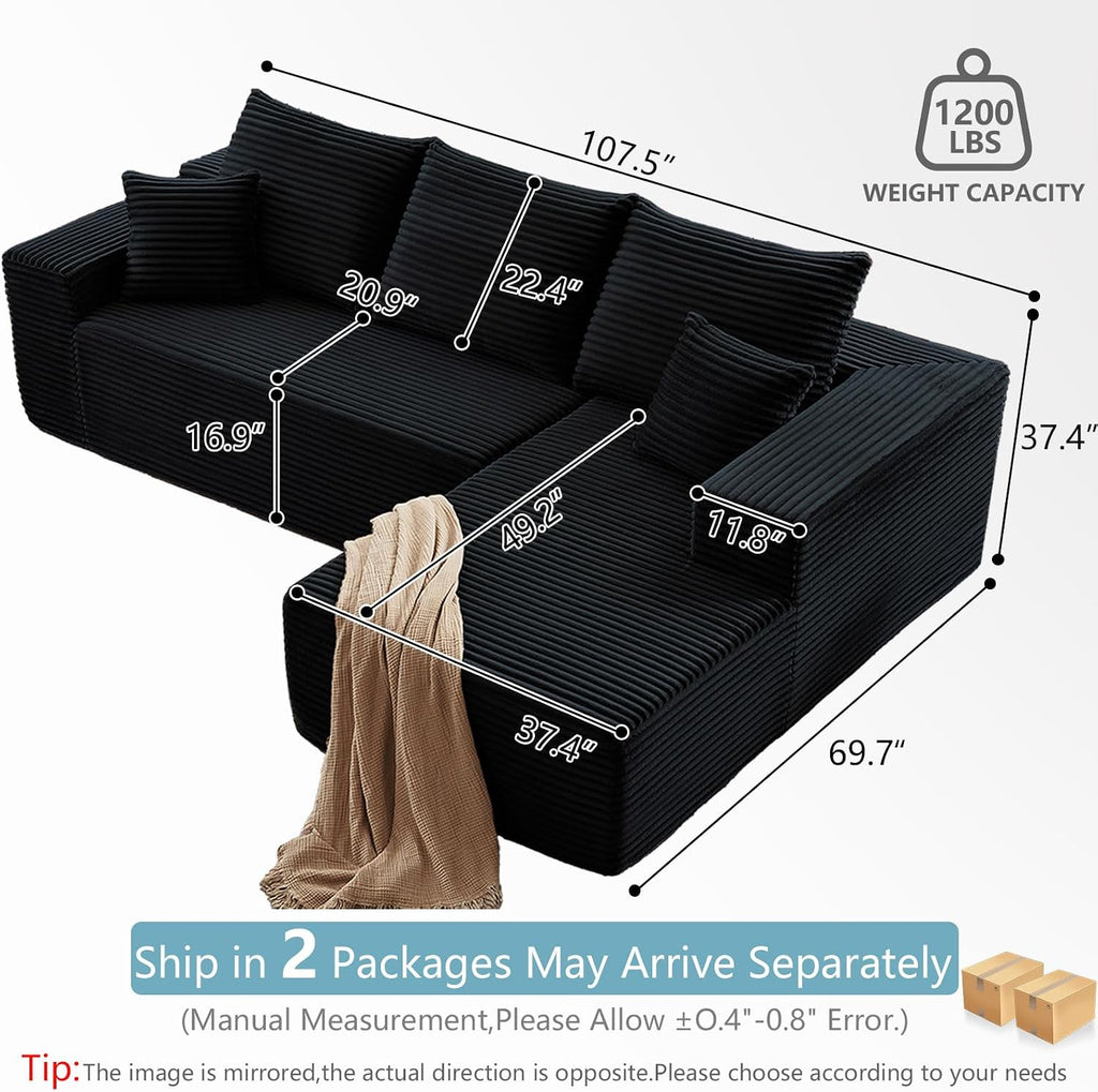 107' W Cloud Sectional Couch with L-Shape Chaise, Modern Corduroy Boneless Couch for Living Room,Memory Foam Sofa with Deep Seat,No Assembly Required (Black,Right-Facing Chaise)