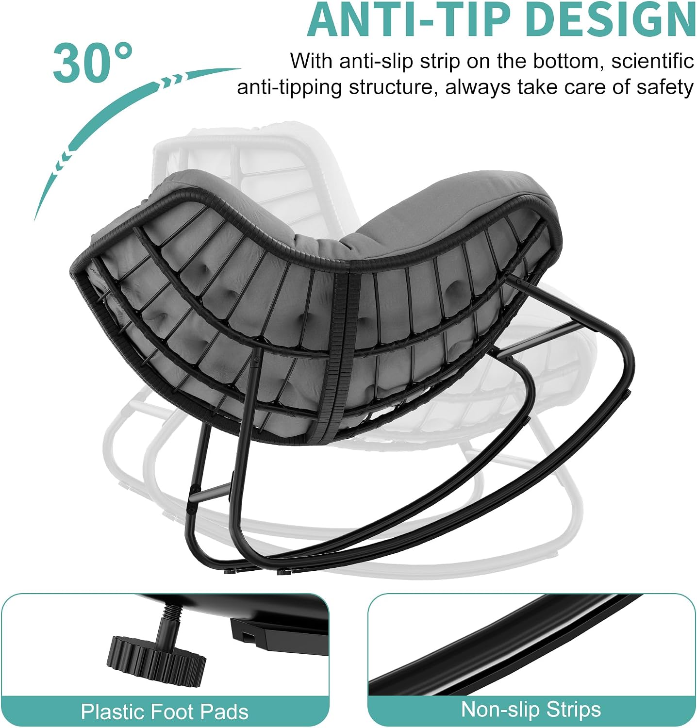 Fancyango Oversized Egg Rocking Chair for Indoor/Outdoor – All-Weather Wicker Rattan Lounge Chair with Cushion, Patio Rocker for Porch, Garden, or Balcony (Grey, 37.8' D x 36.6' W x 33' H)