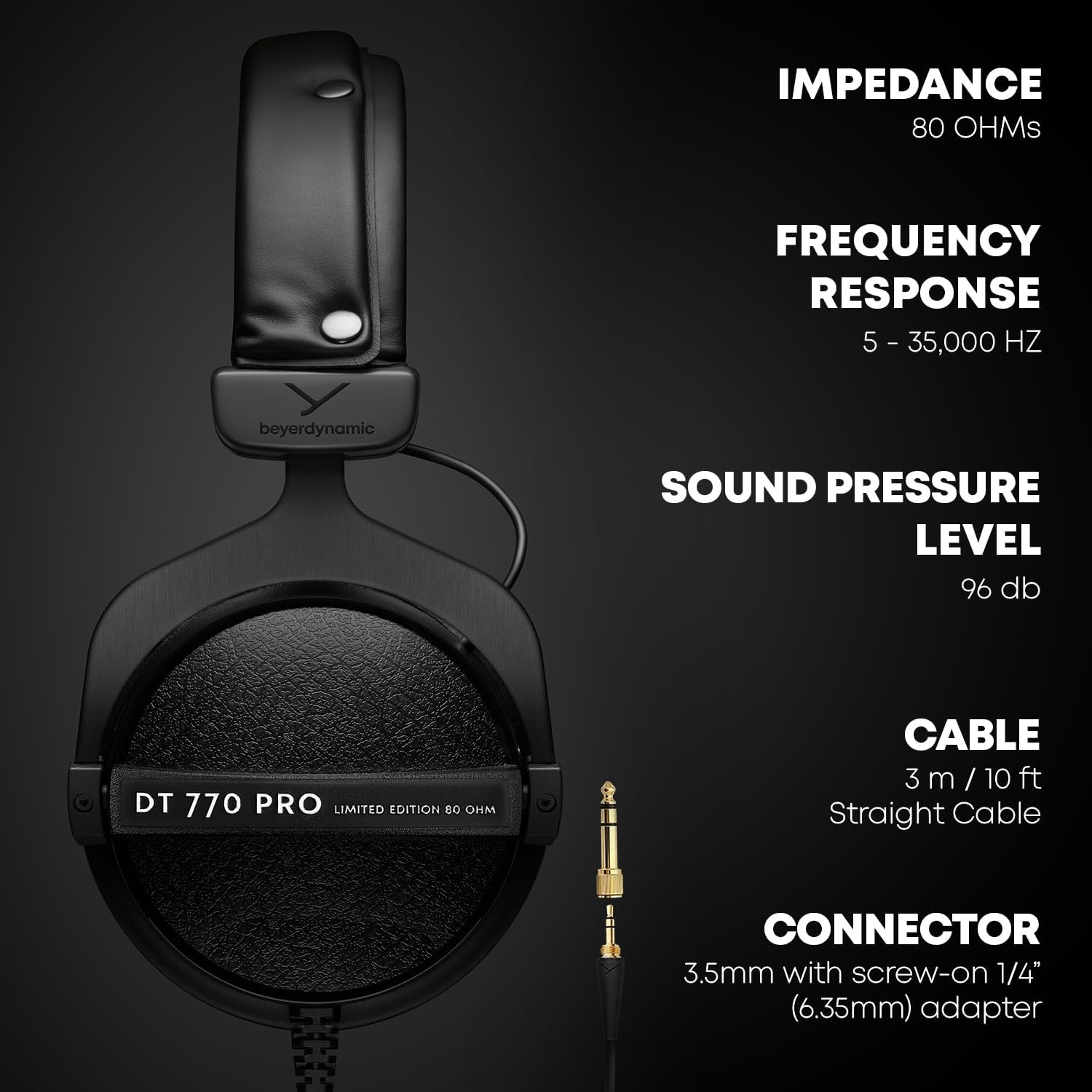 beyerdynamic DT 770 PRO, 80 Ohm, Closed Back, Over Ear, Wired Professional Studio Headphones, Home Recording, Podcast, Monitor, 3m Straight Cable, Black with Limited Edition Black Velour Ear Pads