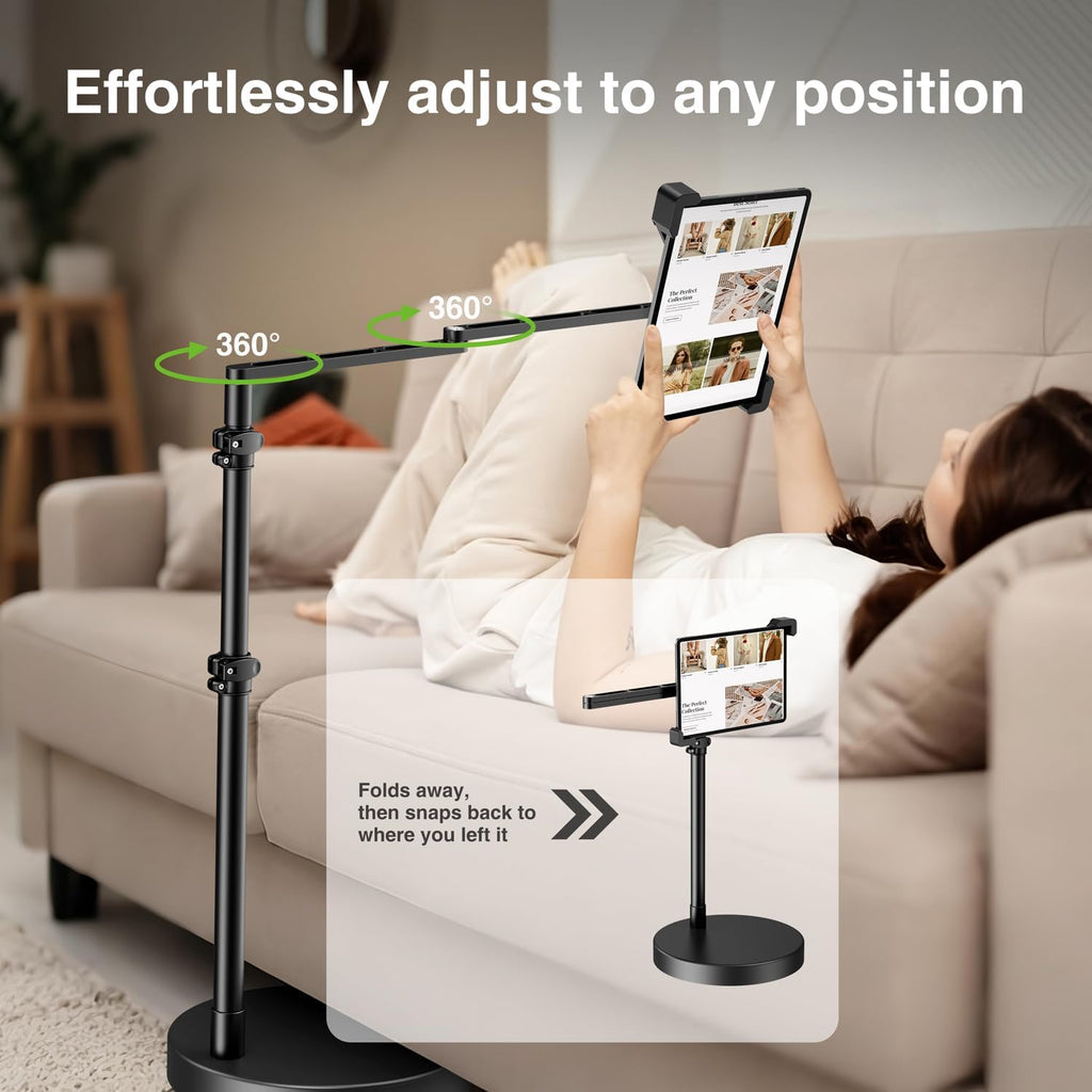 elitehood Diagonal Design iPad Floor Stand with Heavy Duty Base, 24in Horizontal Long Arm Tablet Floor Stand Holder for Bed Recliner Sofa, Compatible with iPad mini Air Pro 13/12.9 and 9-14in Devices