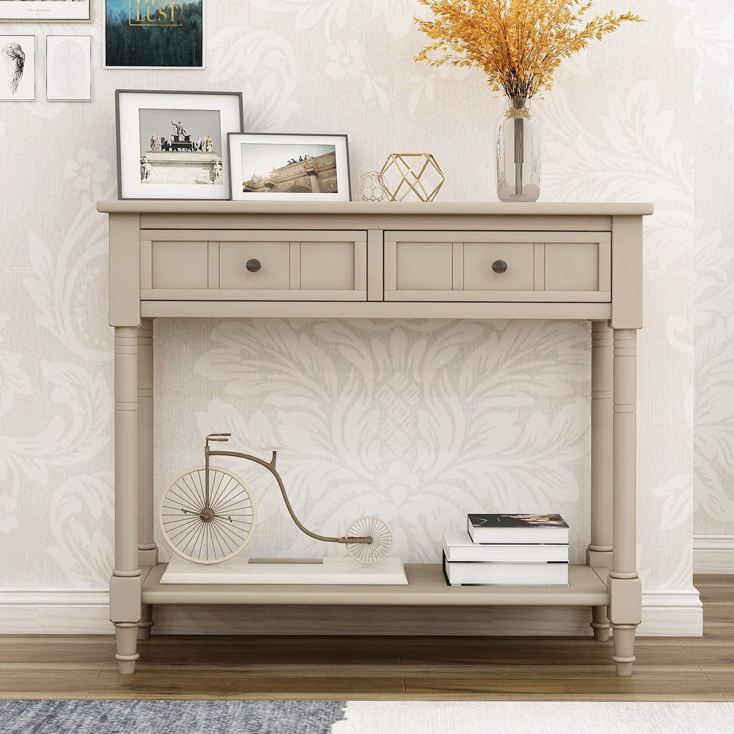 Bellemave Console Table with Drawers, Retro Entryway Table with 2 Drawers and Open Storage Shelf, Narrow Long Sofa Table, Behind Couch Table for Living Room, Foyer and Hallway, Retro Grey