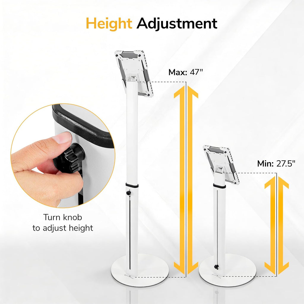 Mount-It! Anti-Theft Universal Tablet Floor Stand Kiosk, Locking Enclosure for iPad, Galaxy Tab & Surface Pro 9.7'–13.1', Height Adjustable 27.5'–47', Commercial Kiosk Stand, White