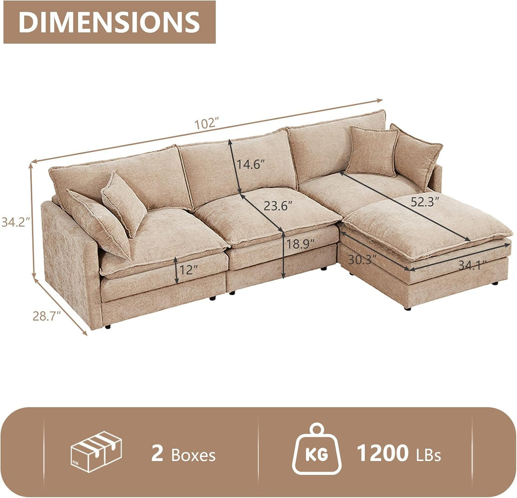 GNIXUU 102' Modular Sectional Sofa, L Shaped Cloud Couch with Movable Ottoman & 4 Pillows, Deep Seat Chenille 4 Seater Sectional Couches for Living Room, Apartment (Camel)