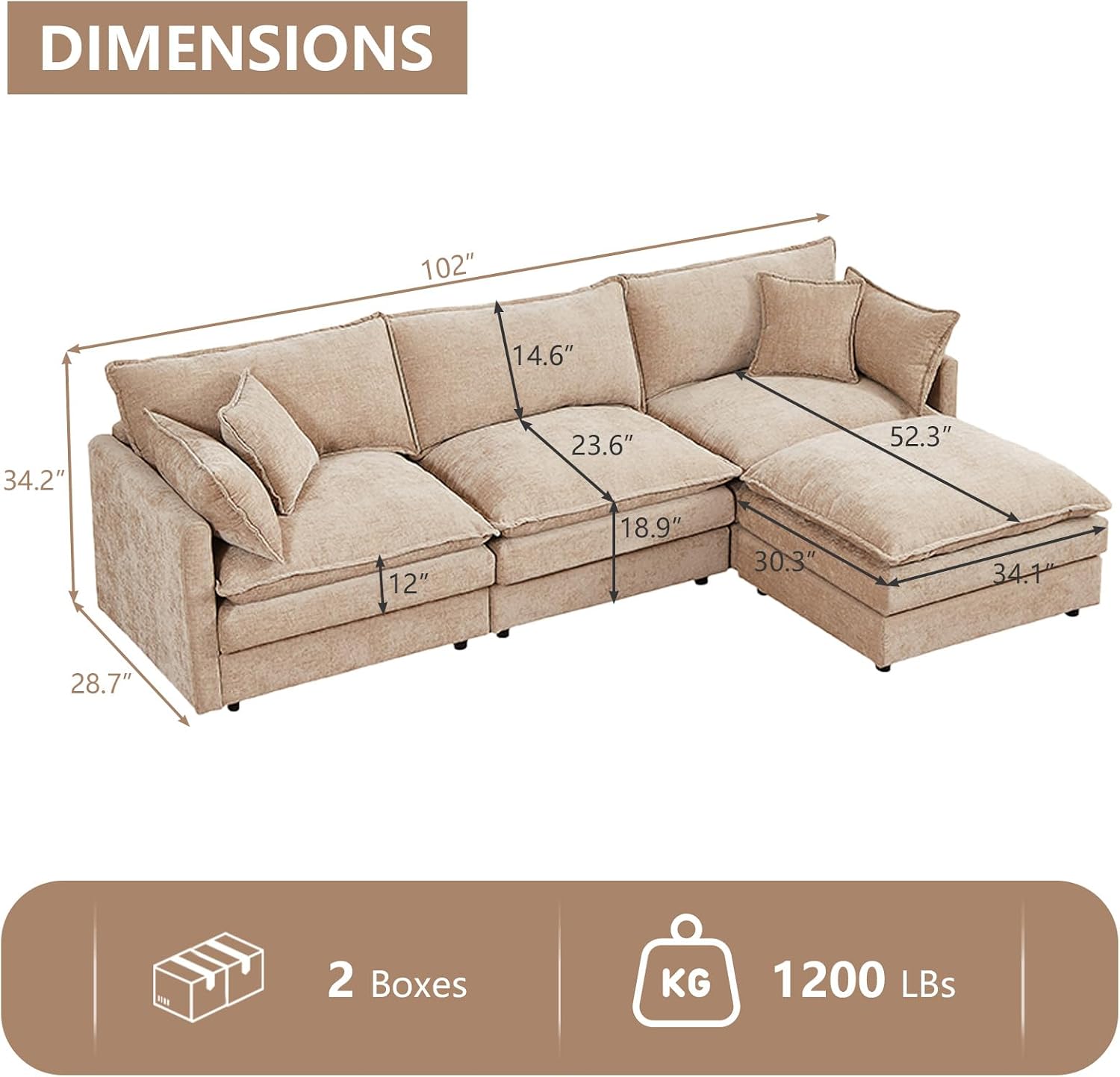 GNIXUU 102' Modular Sectional Sofa, L Shaped Cloud Couch with Movable Ottoman & 4 Pillows, Deep Seat Chenille 4 Seater Sectional Couches for Living Room, Apartment (Camel)