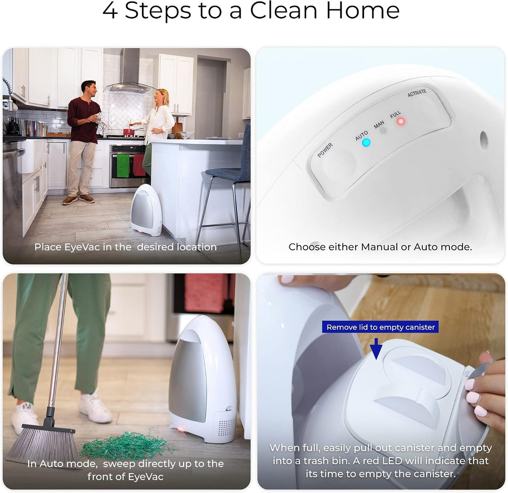 EyeVac Home Touchless Vacuum Automatic Dustpan - Great for Sweeping Pet Hair Food Dirt Kitchen - Ultra Fast & Powerful, No More Bending Down, Bagless, Corded, Automatic Sensors, 1000 Watt (White)