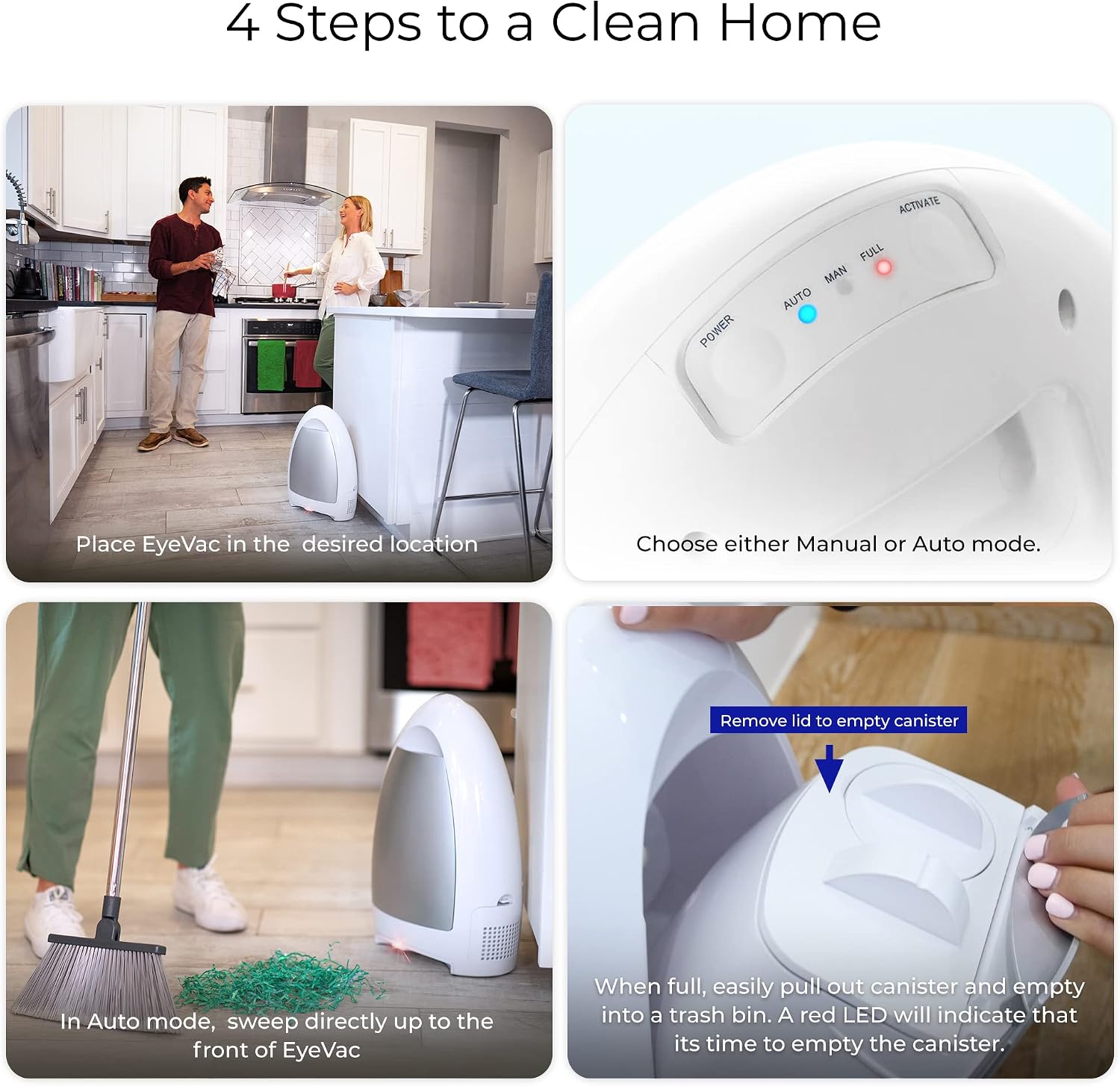 EyeVac Home Touchless Vacuum Automatic Dustpan - Great for Sweeping Pet Hair Food Dirt Kitchen - Ultra Fast & Powerful, No More Bending Down, Bagless, Corded, Automatic Sensors, 1000 Watt (White)