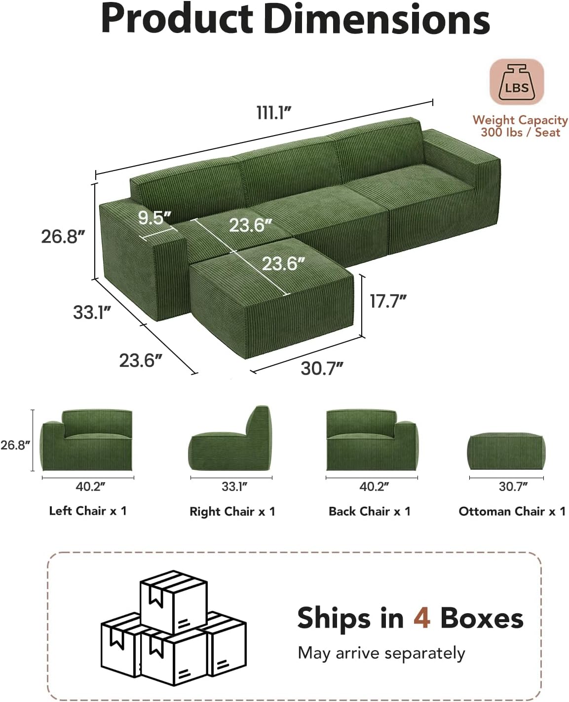 Amada 110' Cloud Sectional Couch with L-Shape Chaise&Movable Ottoman,Modern Modular Sofa with Deep Seat, Boneless Sofa,Couches for Living Room Bedroom,No Assembly Required, Green(Corduroy Fabric)