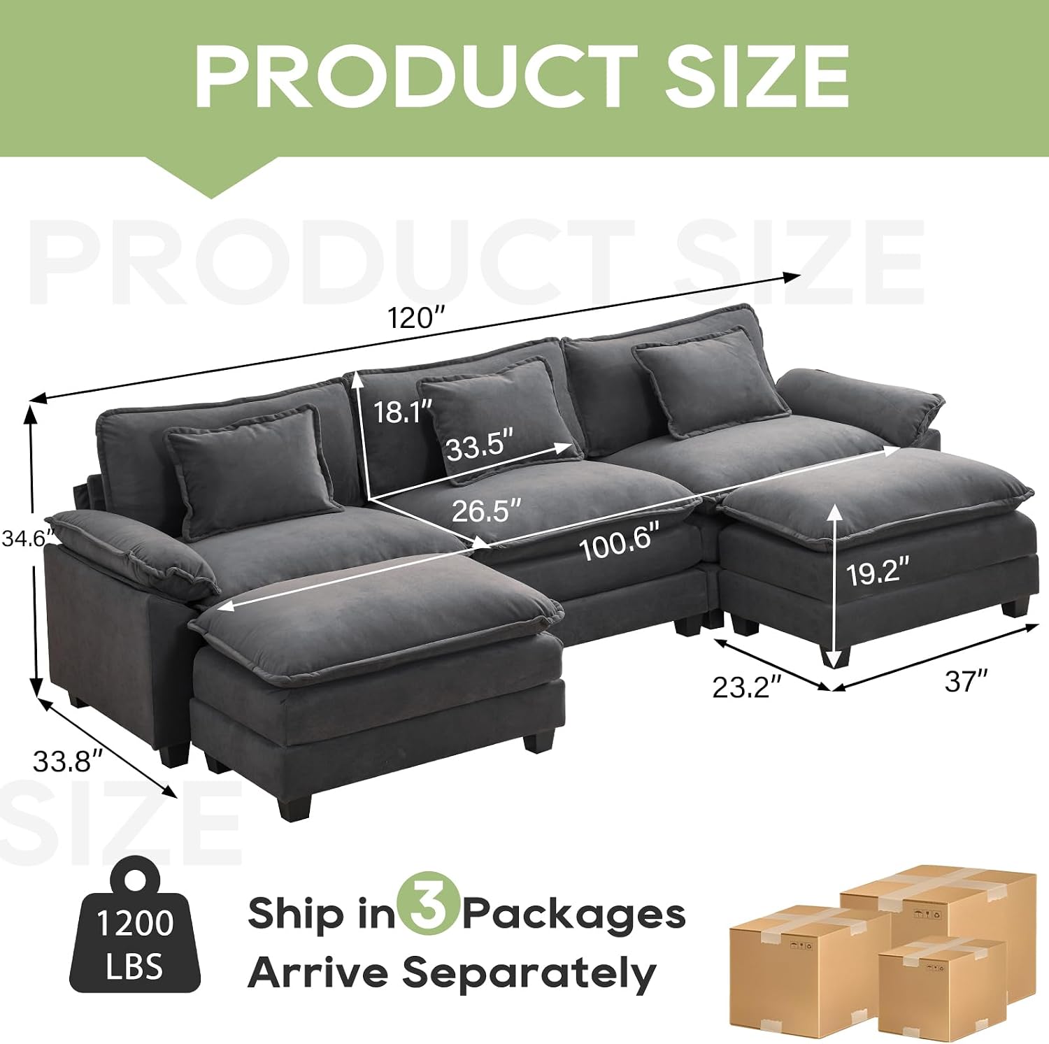 Oprisen 120' Modular Sectional Sofa, Comfy Cloud Couch Sectional Sofa with Ottoman, Chenille Sofa Sleeper Deep Seat Sofa with Throw Pillows for Living Room (Blue Gray, 120'- U Shape)