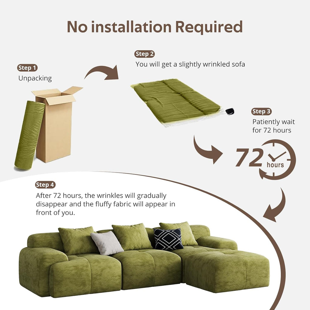 118'' Modern L-Shaped Modular Sectional Sofa for Living Room，Oversized 3-Seater Couch with Deep Seat and Movable Ottoman – No Assembly,Comfortable Corduroy Fabric Boneless Sofa (Green)