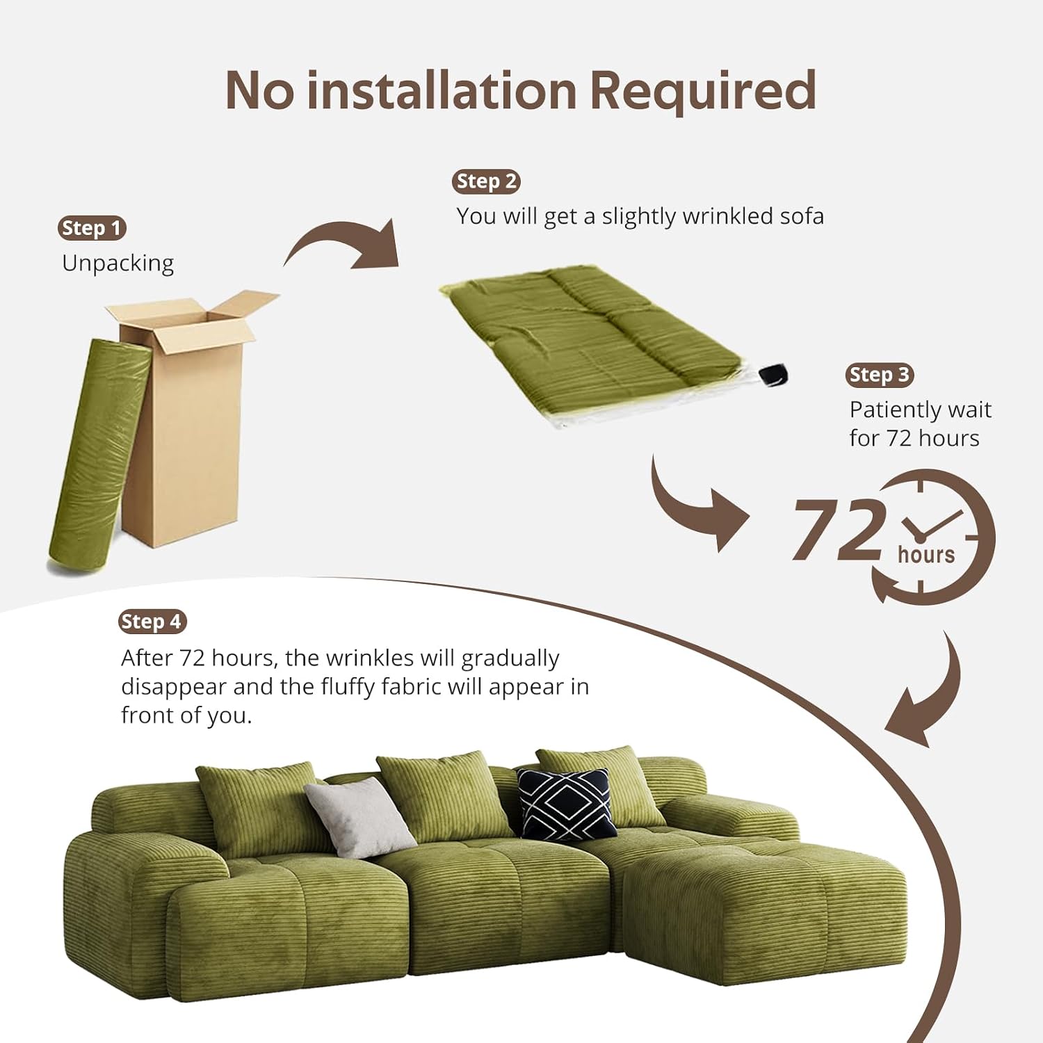 118'' Modern L-Shaped Modular Sectional Sofa for Living Room，Oversized 3-Seater Couch with Deep Seat and Movable Ottoman – No Assembly,Comfortable Corduroy Fabric Boneless Sofa (Green)