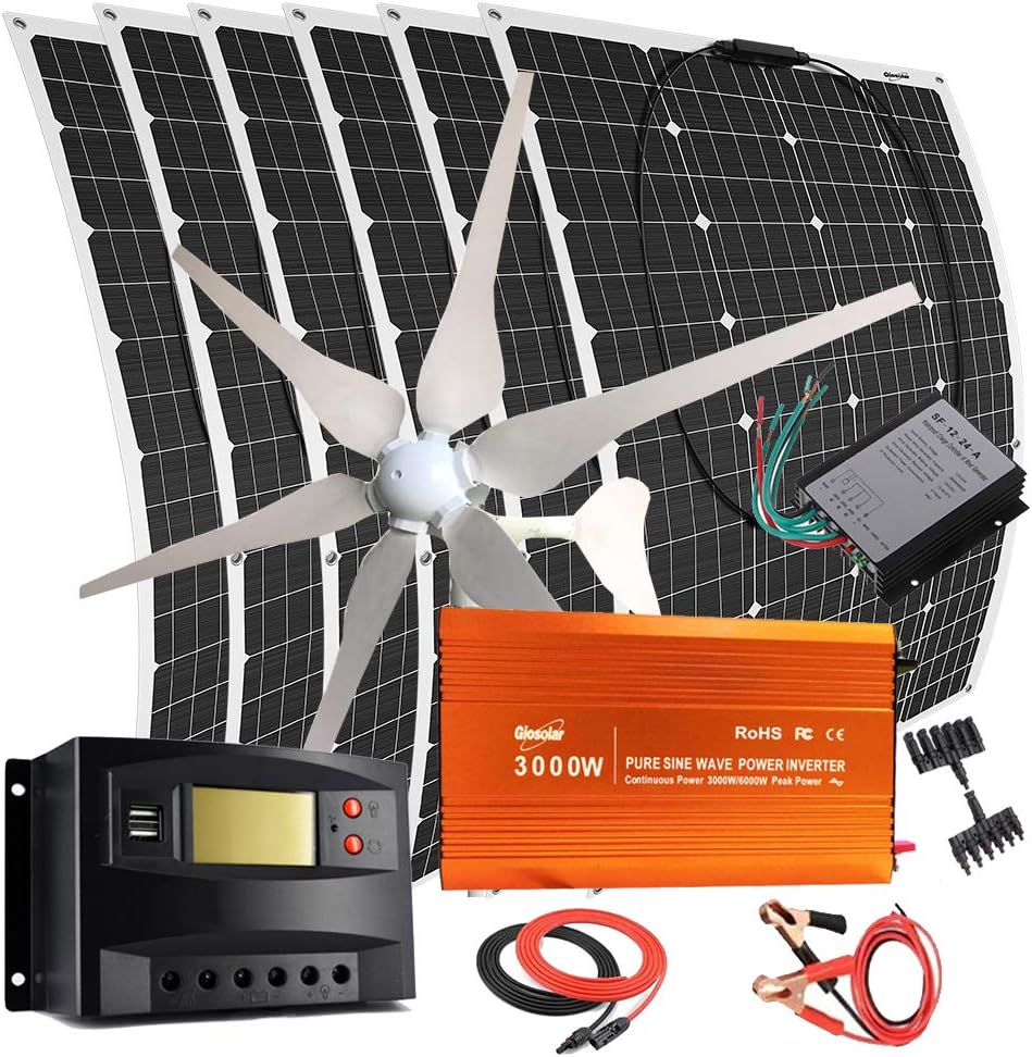 1000W Wind Solar Generator Kit with 3000W Inverter: 400W Wind Turbine and 6PCS 100W Semi-Flexible Solar Panels Charger for 12V 24V Roof Car Uneven Surfaces (1000W Wind Solar Kit with 3000w Inverter)