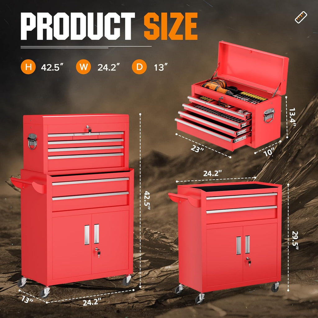 Crownland 8-Drawer Rolling Tool Chest with Wheels, Lockable 2 in 1 Detachable Tool Cabinet wit Drawers and Black Liners, Garage Top Toolbox & Bottom Storage Cart with Side Hooks(Red)