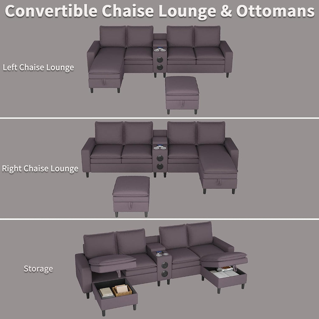 Sectional Couches for Living Room, 4 Seat Sectional Sofa with Smart Module-Bluetooth Speaker/RGB Light/Charging Station, Teddy Fleece U Shaped Cloud Couch with Storage Ottoman (Dark Grey)