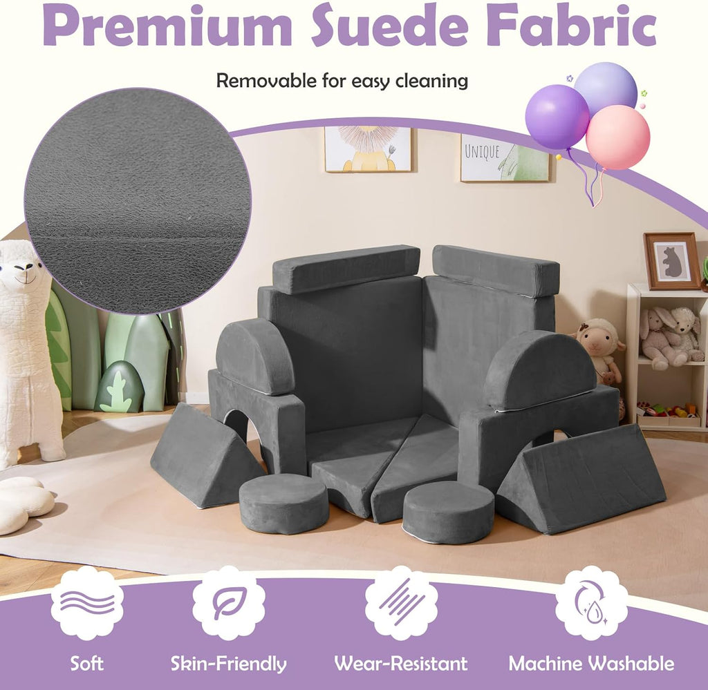 Costzon 14 PCS Modular Kids Play Couch, Child Sectional Sofa, Versatile Toddler Soft Building Blocks Sofa Playset for Playroom Bedroom, Convertible Foam and Floor Cushion for Boys Girls Gifts (Gray)