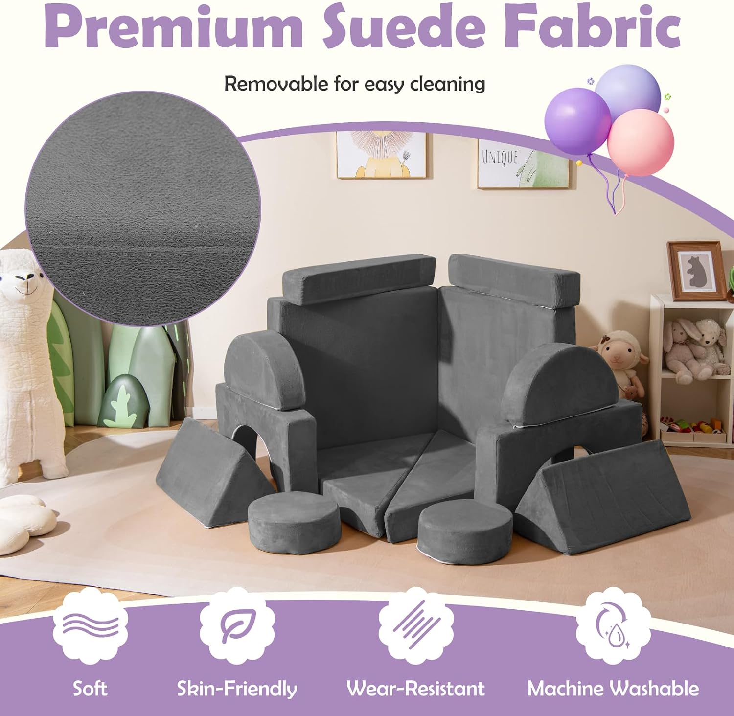 Costzon 14 PCS Modular Kids Play Couch, Child Sectional Sofa, Versatile Toddler Soft Building Blocks Sofa Playset for Playroom Bedroom, Convertible Foam and Floor Cushion for Boys Girls Gifts (Gray)