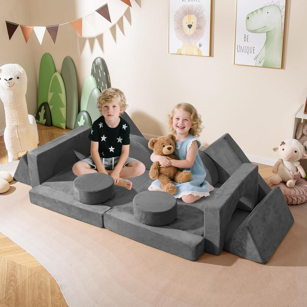 Costzon 14 PCS Modular Kids Play Couch, Child Sectional Sofa, Versatile Toddler Soft Building Blocks Sofa Playset for Playroom Bedroom, Convertible Foam and Floor Cushion for Boys Girls Gifts (Gray)