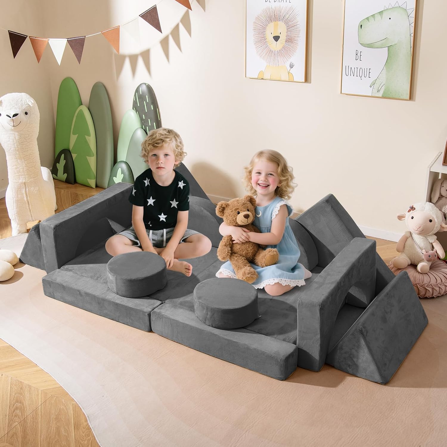 Costzon 14 PCS Modular Kids Play Couch, Child Sectional Sofa, Versatile Toddler Soft Building Blocks Sofa Playset for Playroom Bedroom, Convertible Foam and Floor Cushion for Boys Girls Gifts (Gray)