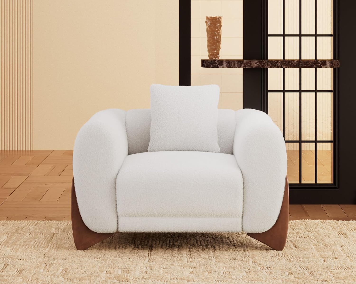 Morden Fort Sherpa Boucle Couch Armchair Single, Modern Sofa Upholstered Deep Chair with Soft Throw Pillow Skin-Friendly Minimalist Accent Chair Compatible with Sofa Set Couch for Living Room, White