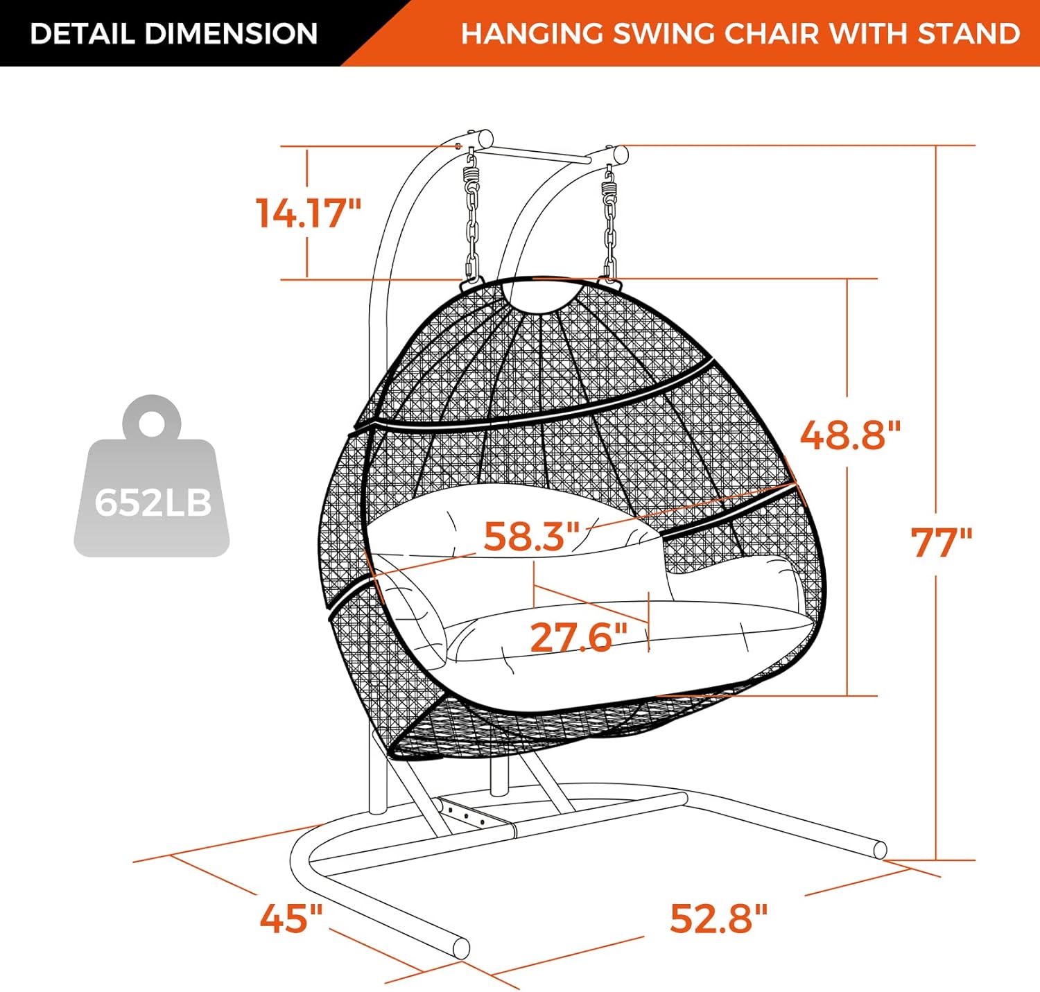 Qwork 2-Person Hanging Egg Chair with Stand, Wicker Rattan Hanging Swing Chair, Hammock Swing Chair UV Resistant Cushion with Stand for Indoor Bedroom Outdoor Garden Backyard
