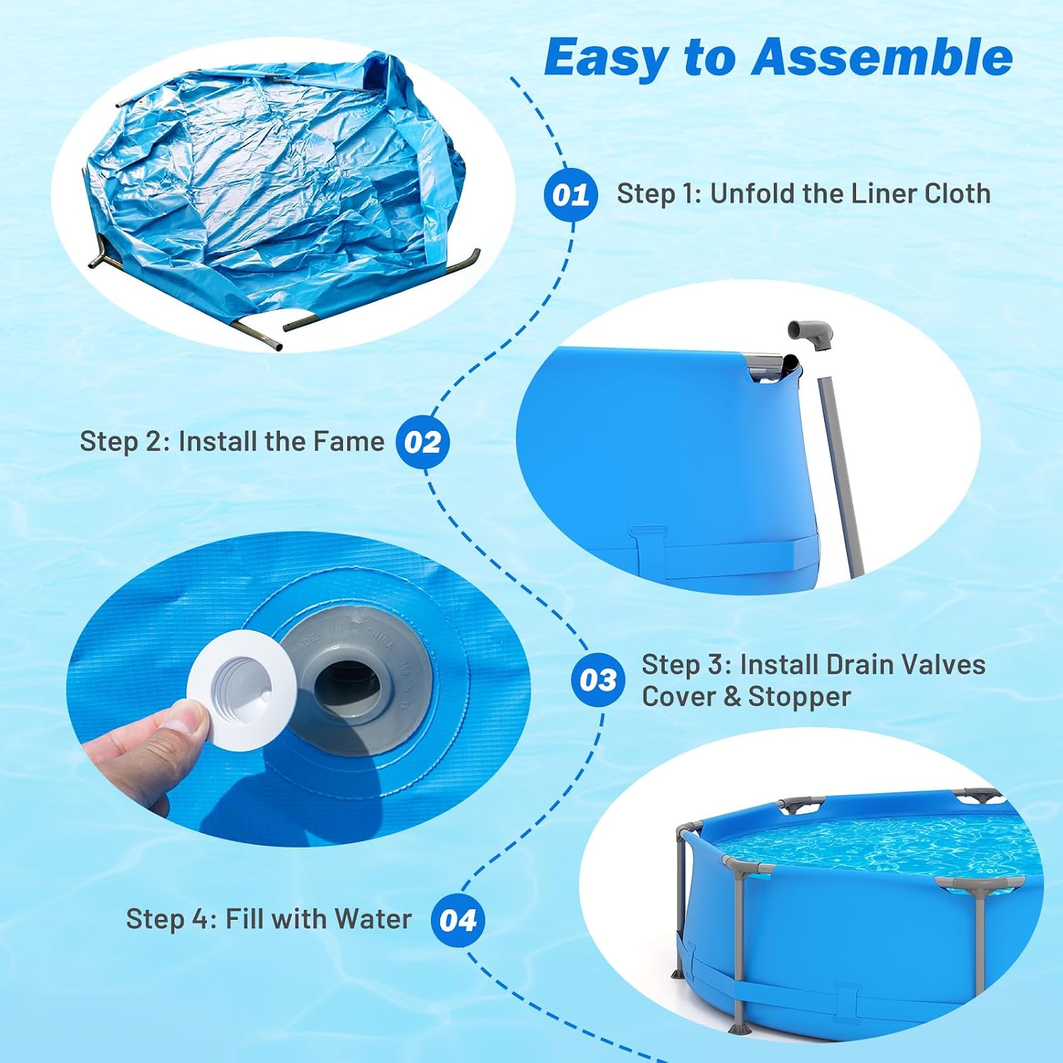 Moccha 10'x10' Round Above Ground Pool, Metal Frame Family Pool Set w/PVC Fabric, 3 Stoppers, Drainage Valve Connector, Outdoor Backyard Swimming Pool (10' Round, 1158 Gal, Blue)