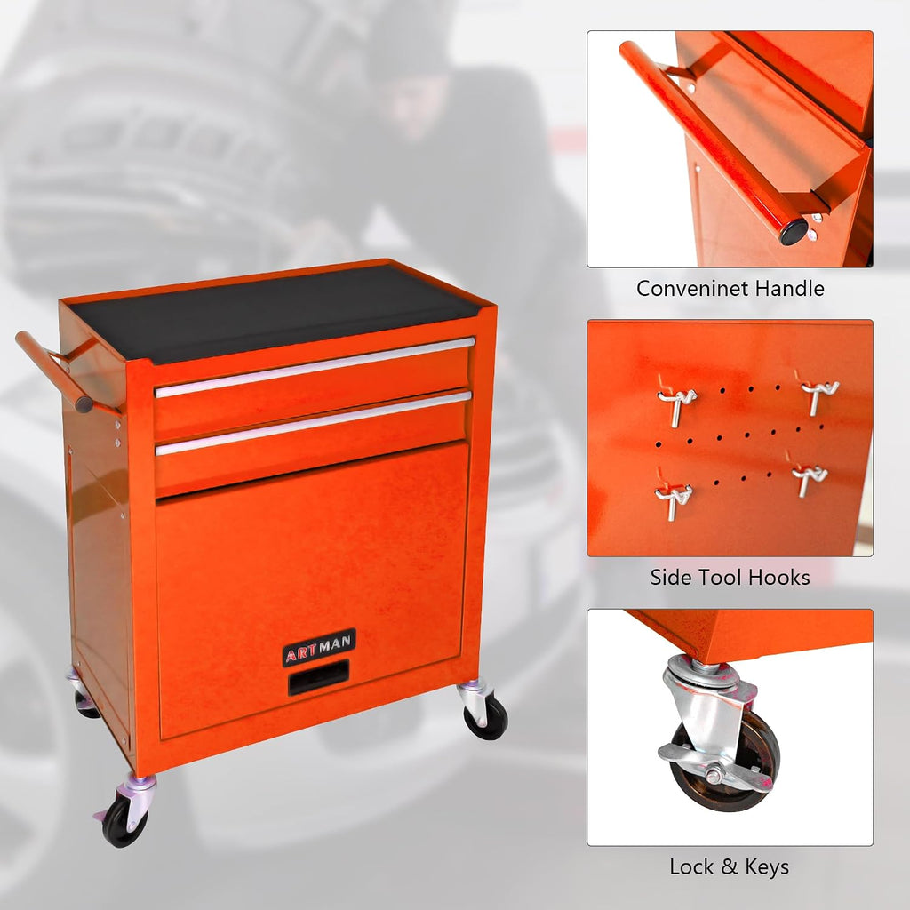 8-Drawer Tool Chest,Rolling Tool Box with Detachable Top Toolbox & Key Lock,Tool Cabinet with Universal Lockable Wheels,Lock Bar,Protective Liner,Metal Storage Cart for Garage,Workshop (Orange)