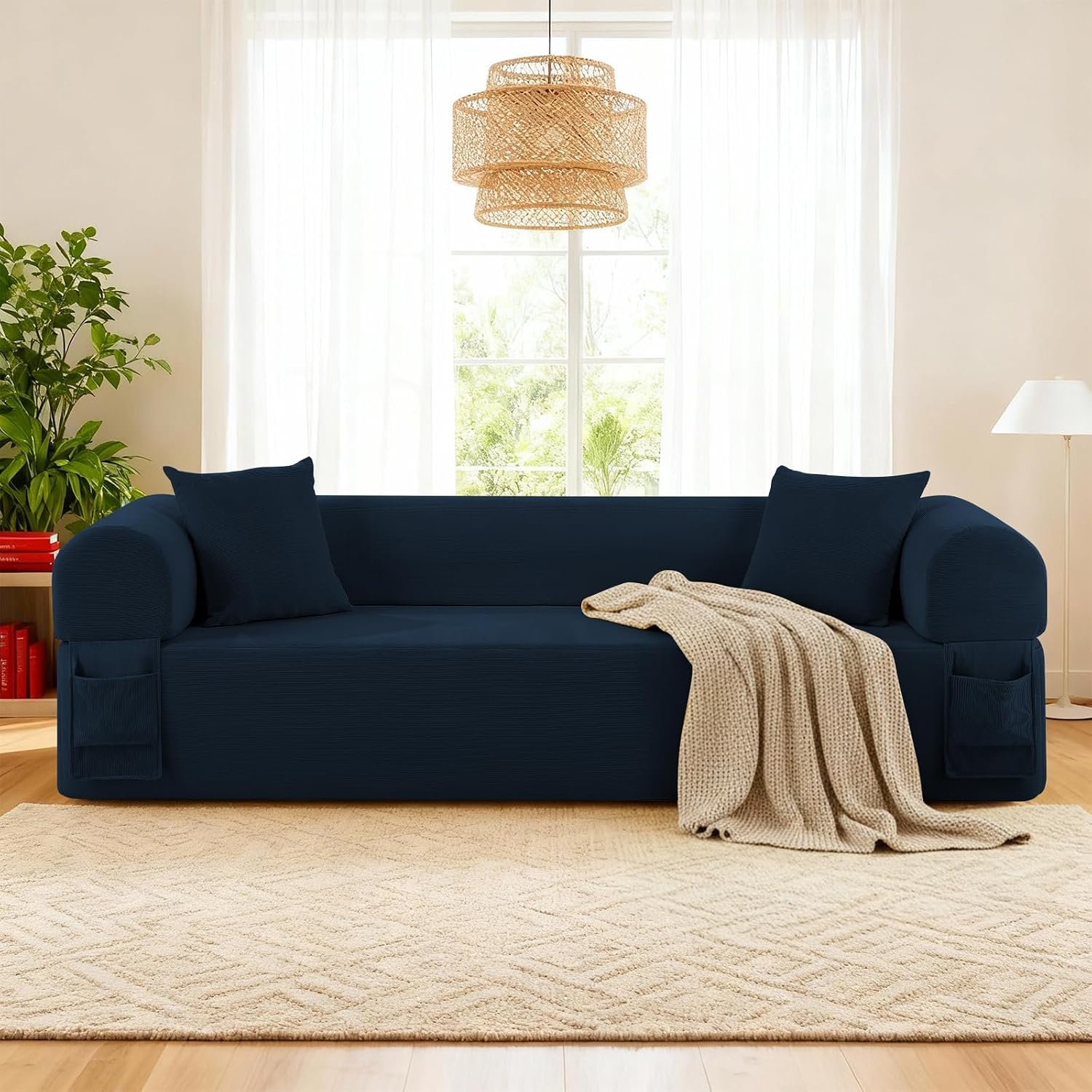 3 Seater Sofa Couch for Living Room (Blue, 30' D + 2 Pillows)