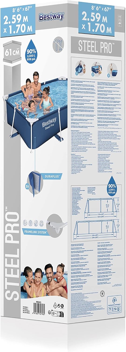 Bestway Steel Pro 2.6m x 1.7m x 61cm Rectangular Above Ground Pool