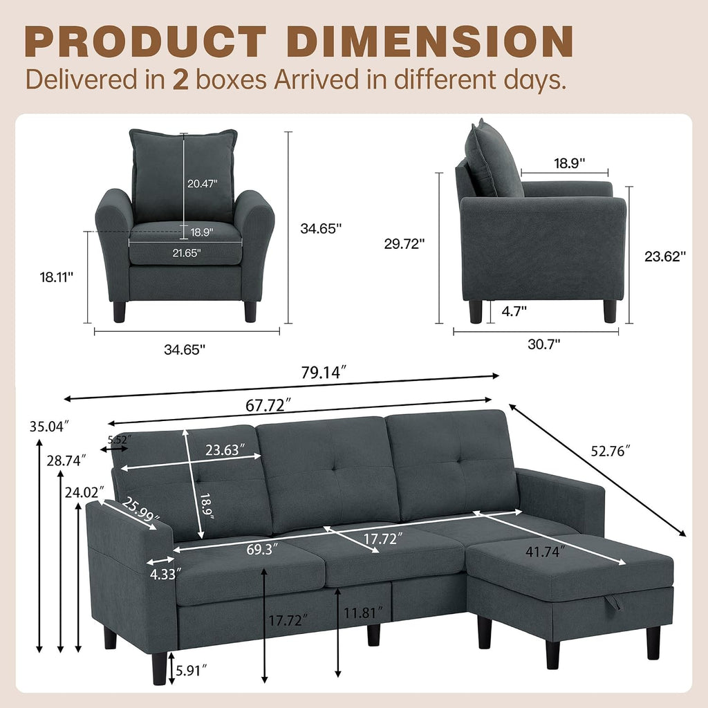 3 Piece Living Room Sofa Sets, Modern 3 Seater Sofa with Storage Ottoman and 2 PSC Armchair Couch Sets, Easy Assembly, Modern 5 Seat Sectional Couches for Living Room, Office,Dark Grey