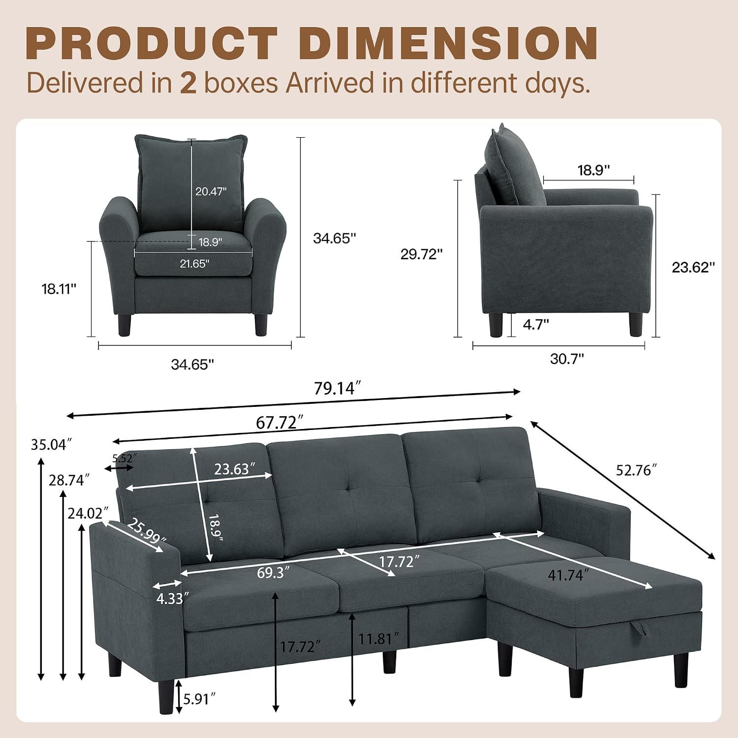 3 Piece Living Room Sofa Sets, Modern 3 Seater Sofa with Storage Ottoman and 2 PSC Armchair Couch Sets, Easy Assembly, Modern 5 Seat Sectional Couches for Living Room, Office,Dark Grey