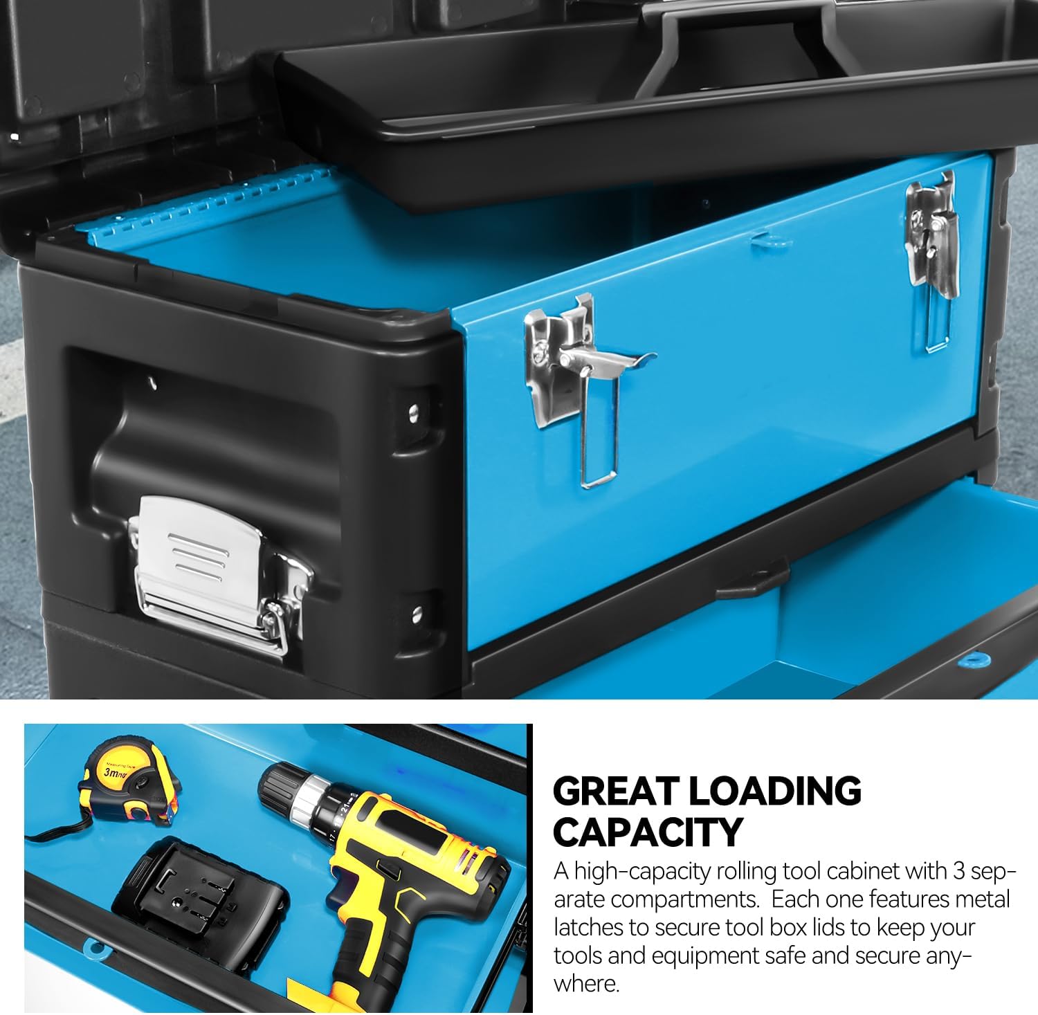 Auto Dynasty 3-Tier Stackable Tool Box, 19.5 Inch 3-in-1 Rolling Tool Box with Wheels, Portable Steel and Plastic Rolling Upright Trolley Toolbox Organizer for Garage Workshop, 3-Piece Set, Blue