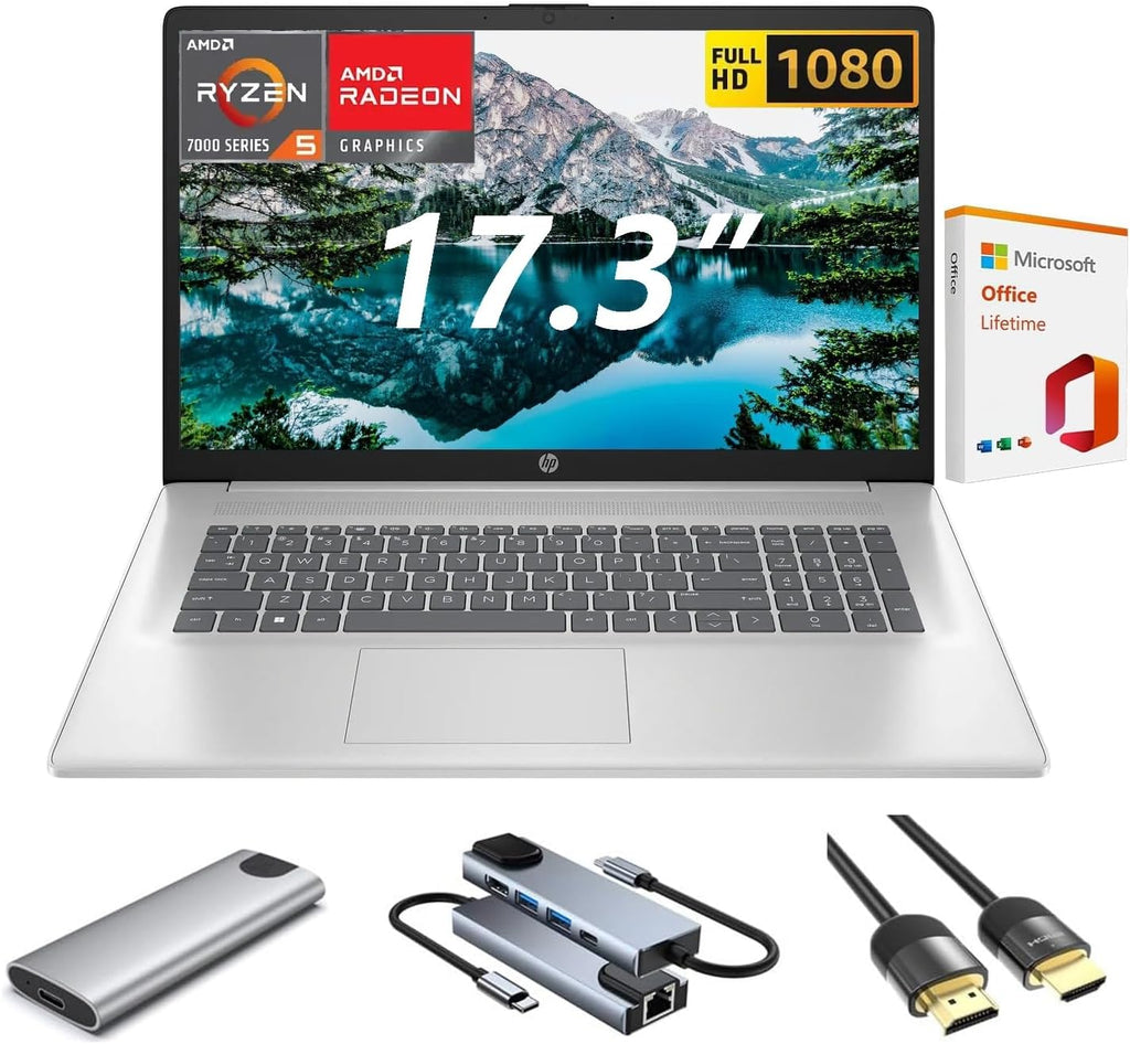 HP 2025 17 inch Laptop Business, 17.3' IPS FHD Display, AMD Ryzen 5 Processor (Beats i7-1165G7), 16GB RAM, 512GB SSD, WiFi 6, Copilot, w/Accessory, with 2019 Lifetime Office, Windows 11 Home