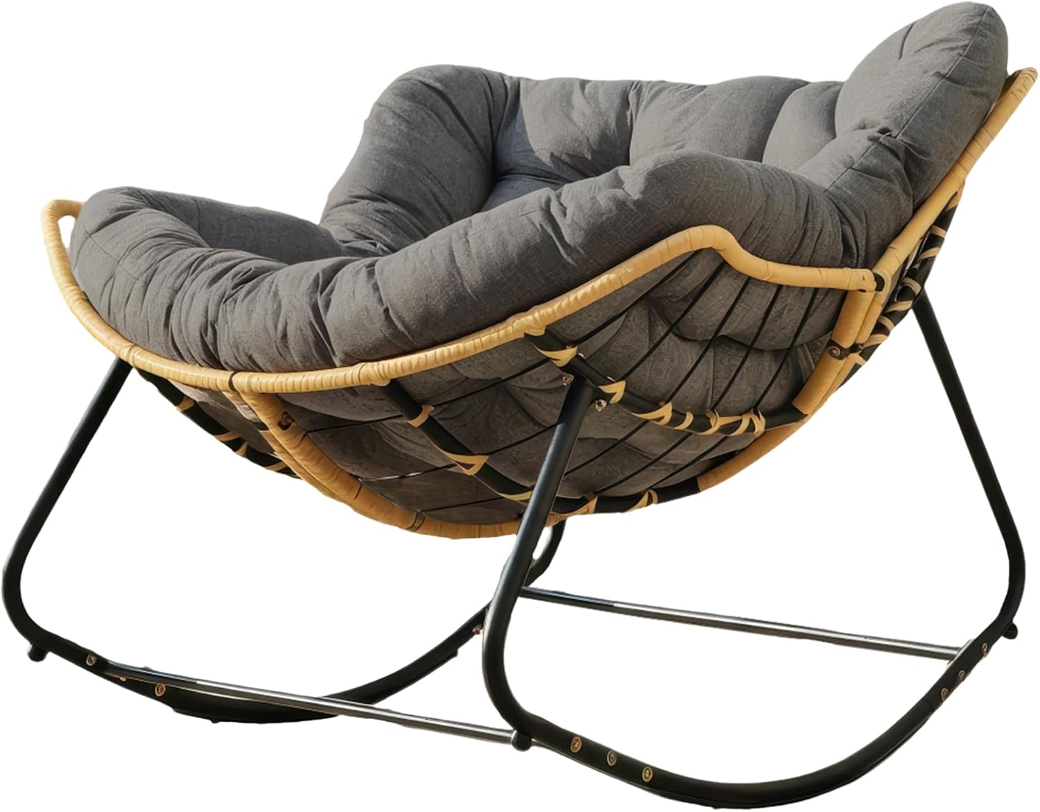 Outdoor Rocking Chair, Patio Egg Rocking Chair, Indoor Papasan Chair, Rattan Wicker Lounge Chair, Modern Royal Chair for Bedroom, Living Room, Porch, Garden,Lawn (41.3' Grey)