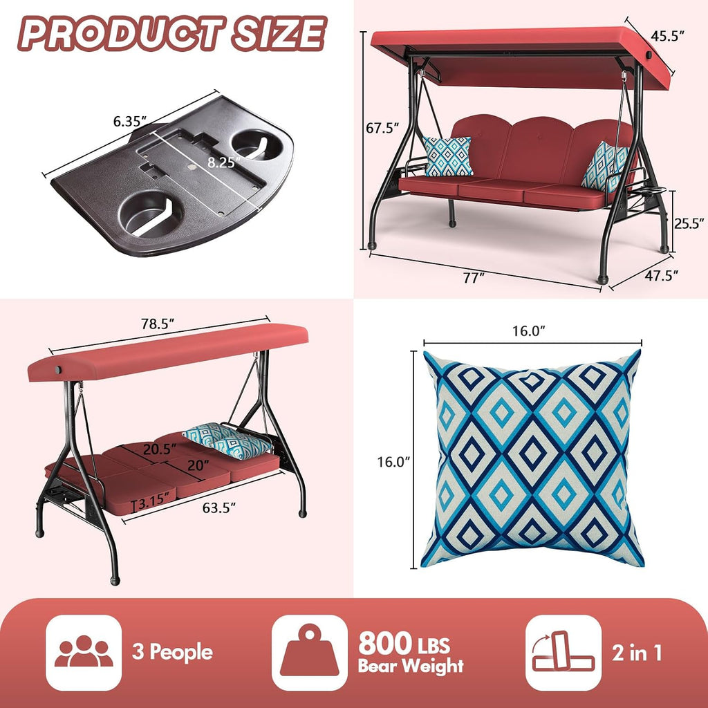 ZZW 3 Seat Outdoor Porch Patio Swing with Stand 800lbs 2-in-1 Convertible Swing Bed with Adjustable Canopy & Removable Cushion for Yard Garden Deck (Red, Round Tube)