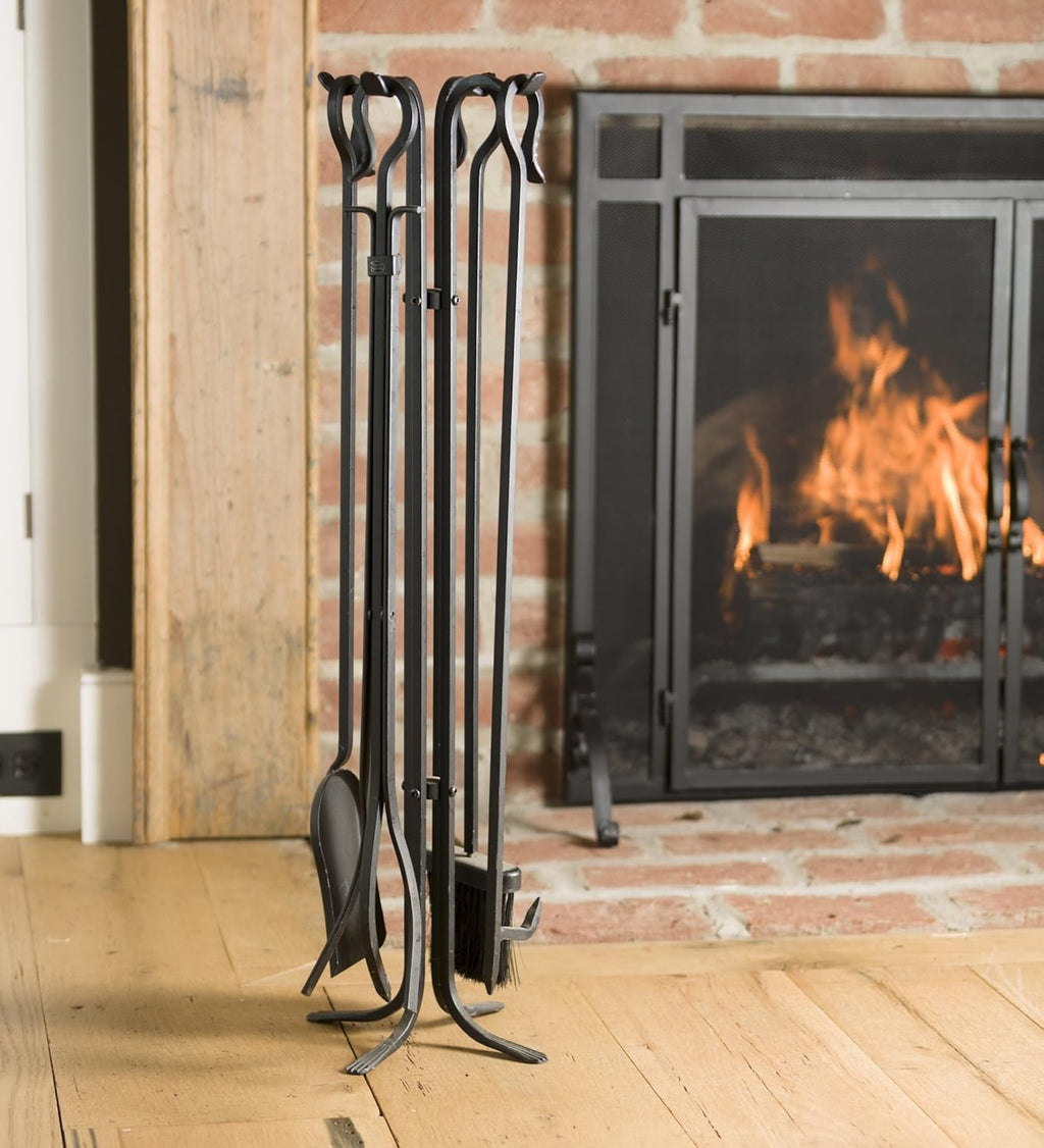 Plow & Hearth 5 Piece Hand Forged Iron Compact Fireplace Tool Set 27.5' | Black Wrought Iron Handle for Outdoor Indoor | Stand Poker Shovel Brush Log Tongs Wood Stove Accessory