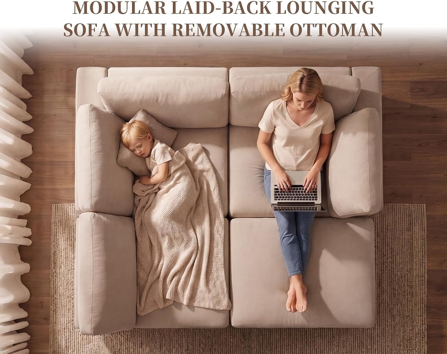 L-Shaped Modular Sectional Sofa, Modern Cloud Couch with Ottoman, 3-Seater Corner Sofa, Deep-Seated Sofas for Living Rooms, Bedroom and Apartment, Beige - Chenille