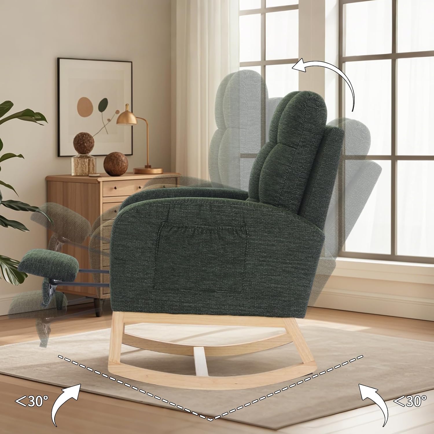 Rosevera Nursery Rocking Chair with Adjustable Footrest for Living Room - Teddy Fabric, Solid Wooden Legs, Comfortable Lounge Armchair with High Backrest and Side Pockets (Modern, Dark Green)