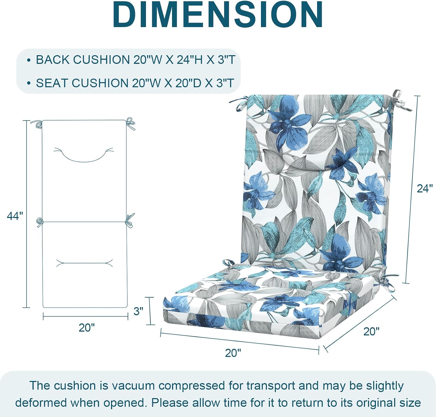 DYTXIII Outdoor High Back Chair Cushions Set of 2, 44x20 in Water Repellent Patio Seat Cushions with Elastic Sponge, All Weather Cushions for Rocking, Dining, Patio Furniture - Clemens Noir Blue