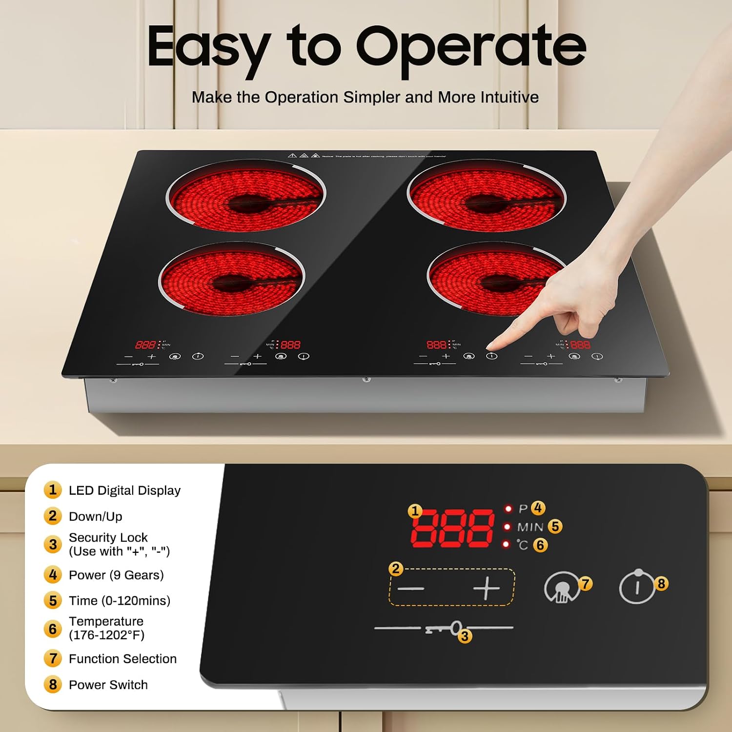 Electric Cooktop, 4 Burner Electric Cooktop 23 Inch, Built-in Stove Top with LED Digital Display, Safety Lock, Over-Temperature Protection, 110V Plug in Radiant Ceramic Cooktops
