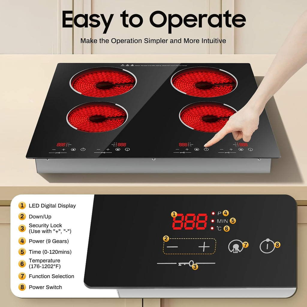 23' Electric Hot Plate Countertop Cooktop 4 Burner 3000W Plug in Electric Stovetop Cooktop for Home/RV/Camp, Compatible for All Cookwares, Black