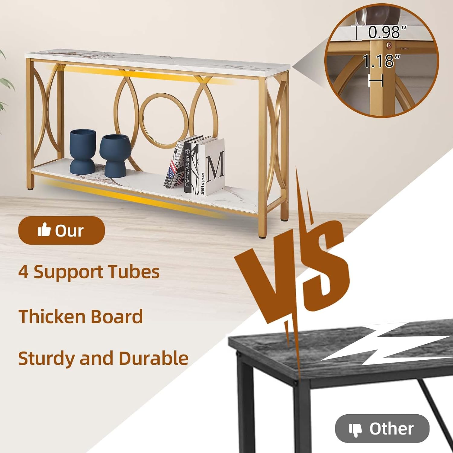 HOMISSUE Sofa Console Table, Modern Gold Console Table with Faux Marbled Tabletop, Engineered Wood Entryway Tables with 2 Tier Storage, Narrow Sofa Table for Living Room, Hallway (55 Inch, White&Gold)