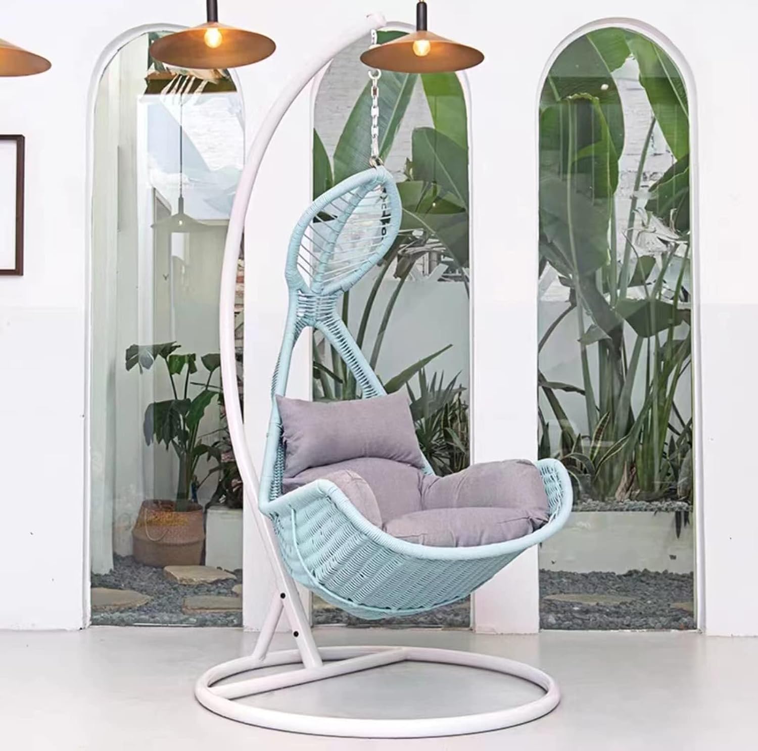 Hanging Rattan Basket Chair with Stand, Teardrop Shaped Swing Rocking Chair for Indoor and Outdoor Use, Perfect for Balcony, Garden, Patio, and Poolside - White, Green, Pink, Blue, Grain