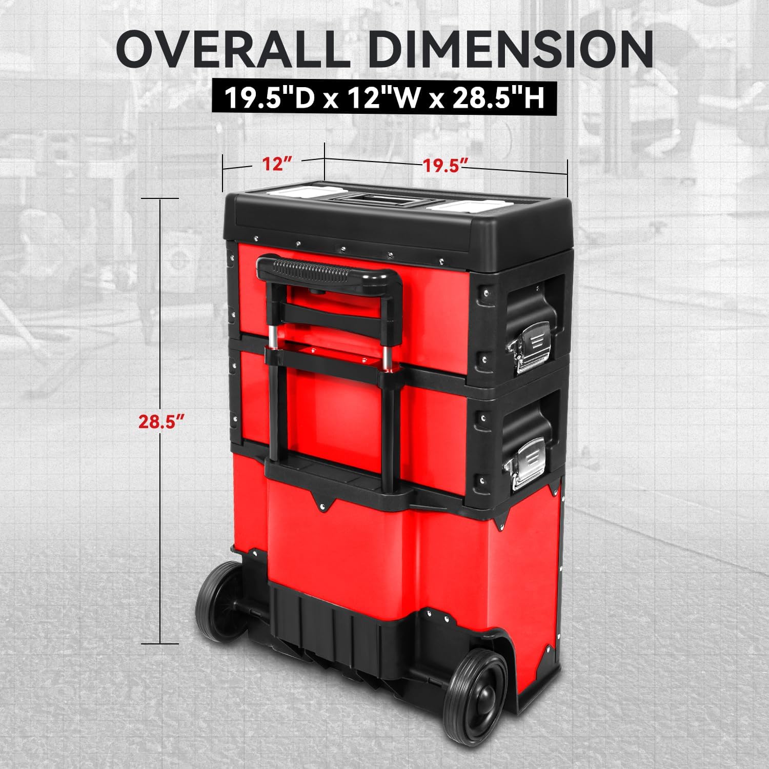 Auto Dynasty Stackable Tool Box 3-Tier Tool Separate Organizer Rolling Tool Chest with Wheels 3-in-1 Upright Trolley for Garage or Workshop, Red