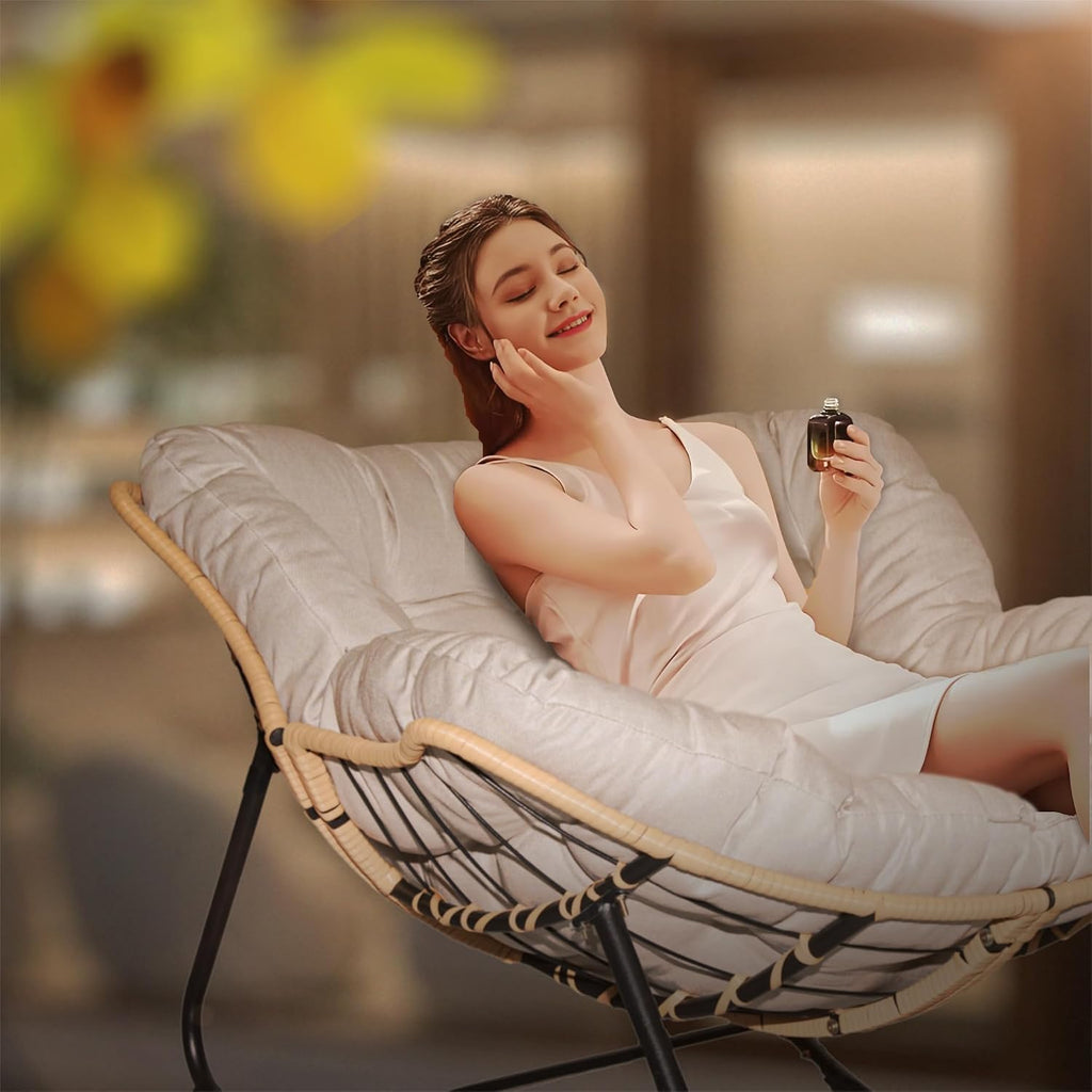 Outdoor Rocking Chair, Patio Egg Rocking Chair, Indoor Papasan Chair, Rattan Wicker Lounge Chair, Modern Royal Chair for Bedroom, Living Room, Porch, Garden,Lawn (41.3' Beige)