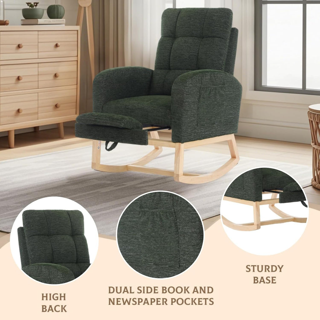Rosevera Nursery Rocking Chair with Adjustable Footrest for Living Room - Teddy Fabric, Solid Wooden Legs, Comfortable Lounge Armchair with High Backrest and Side Pockets (Modern, Dark Green)