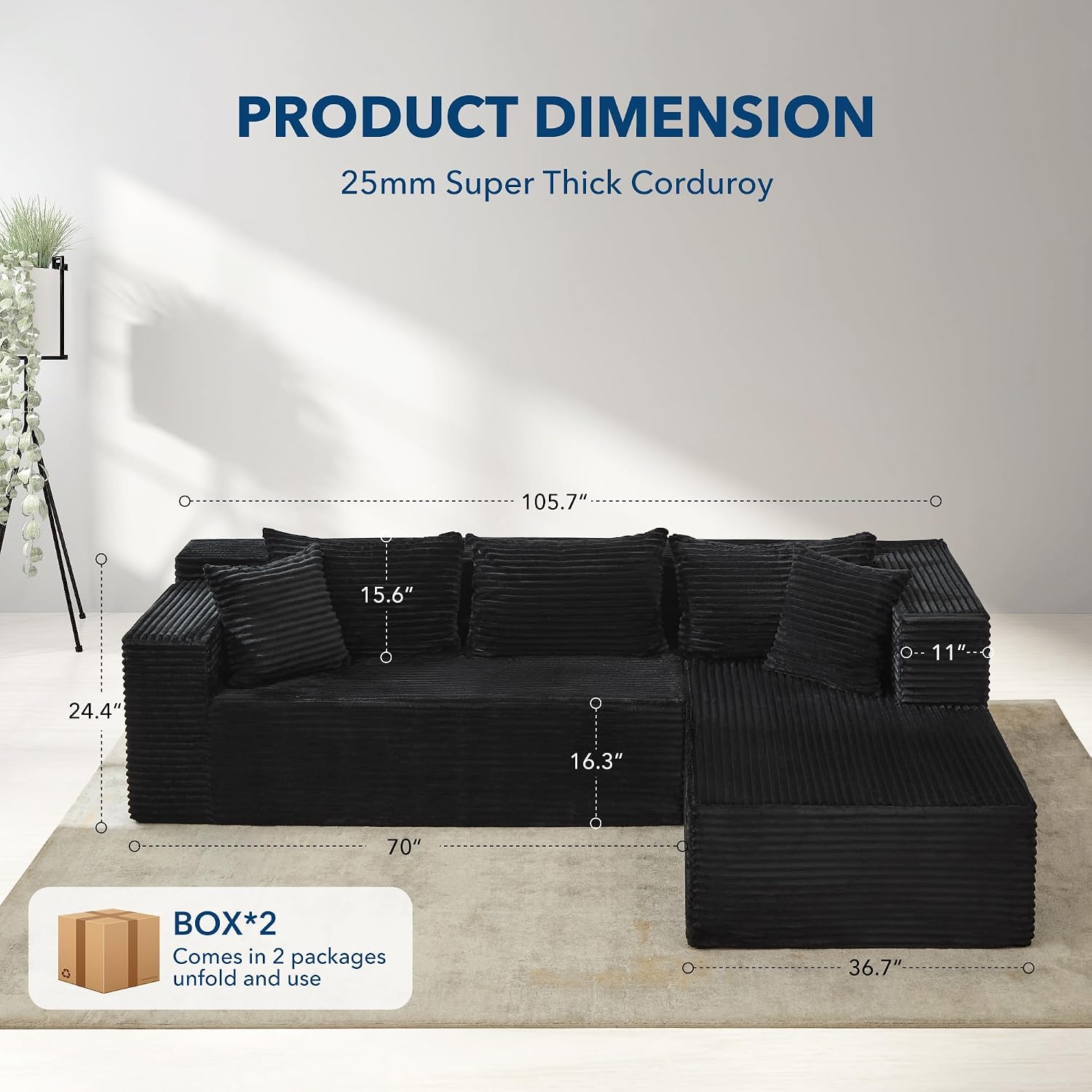Garvee Modular Sectional Sofa Cloud Sectional Couch, 106' Comfy Fluffy L Shaped Black Couches for Living Room,Oversized Sofa Sleeper with Deep Seat, No Assembly Required, Black