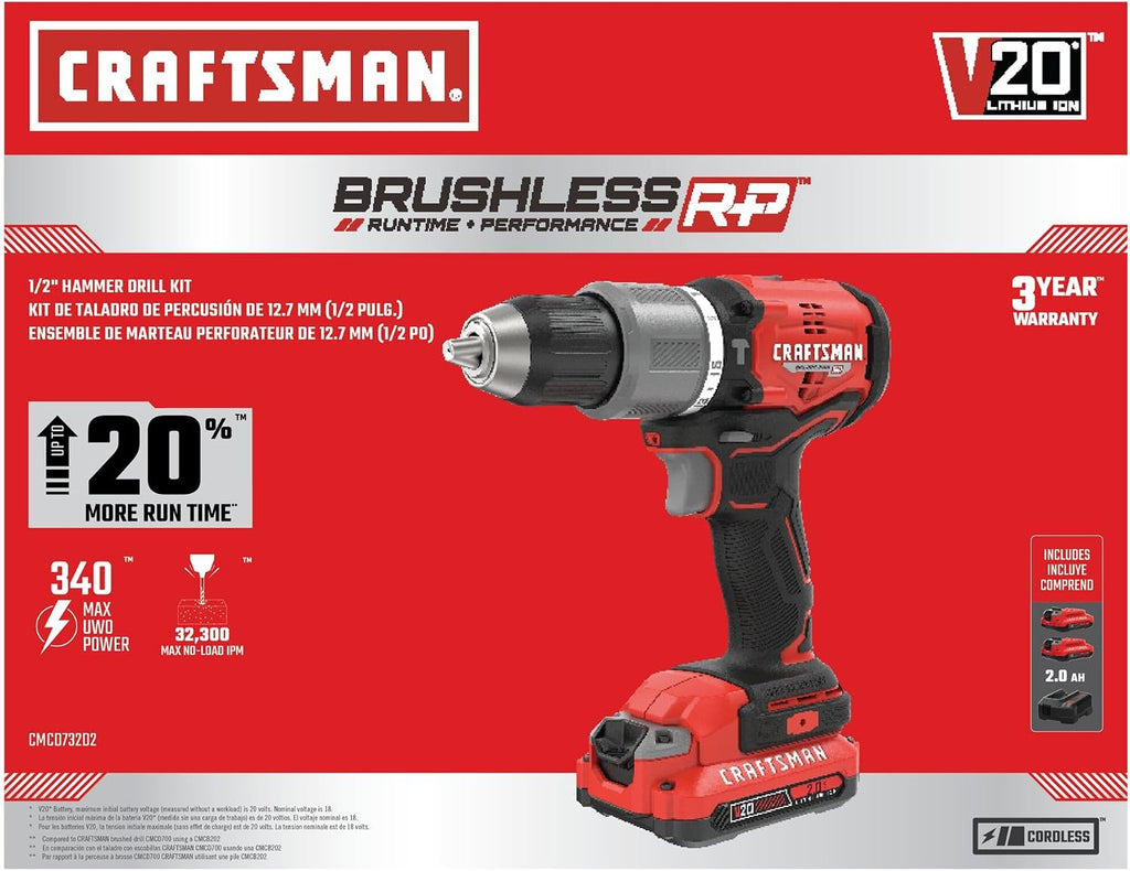 CRAFTSMAN V20 Cordless Hammer Drill Kit, 1/2 inch, 2 Batteries and Charger Included (CMCD732D2)