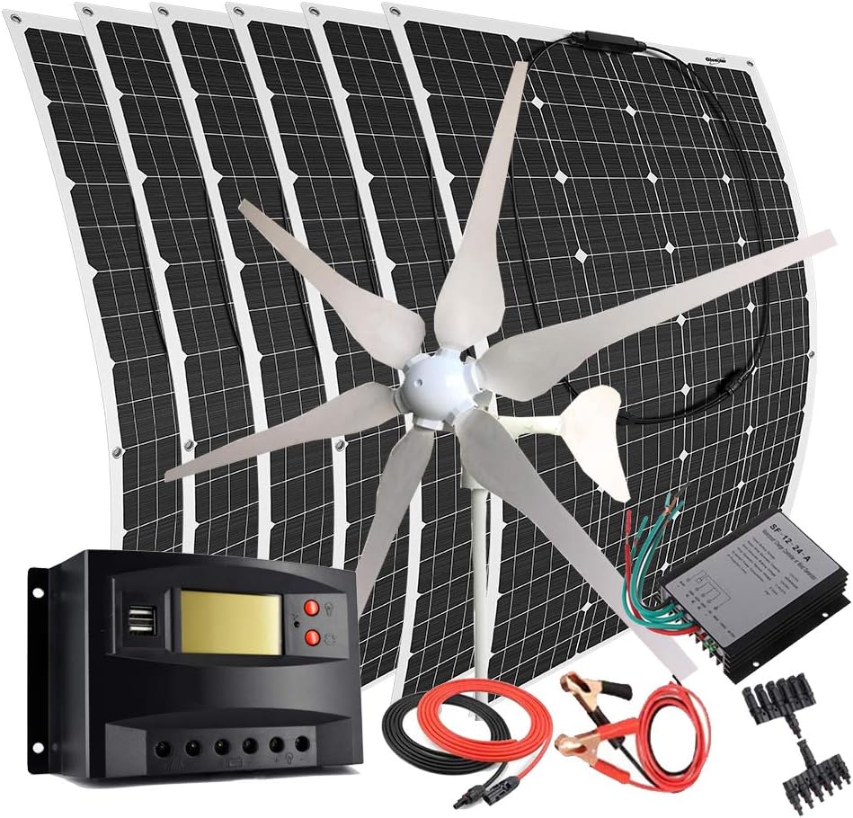 1000W Wind Solar Generator Kit : 400W Wind Turbine and 6PCS 100W Semi-Flexible Solar Panels Charger &Accessory for 12V 24V Roof Car Uneven Surfaces (1000W Wind Solar Kit)