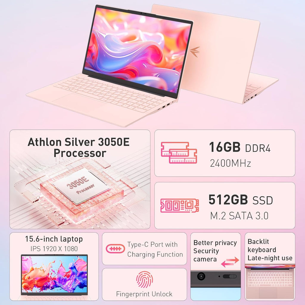 Auusda 15.6' FHD Laptop for Work, Student and Entertainment, 16GB Dual RAM 512GB SSD, Full Function USB Type C/HDMI/Backlit Keyboard/Fingerprint/USB 3.0, Win 11 Pro, Dual Core 4T Processor, Pink