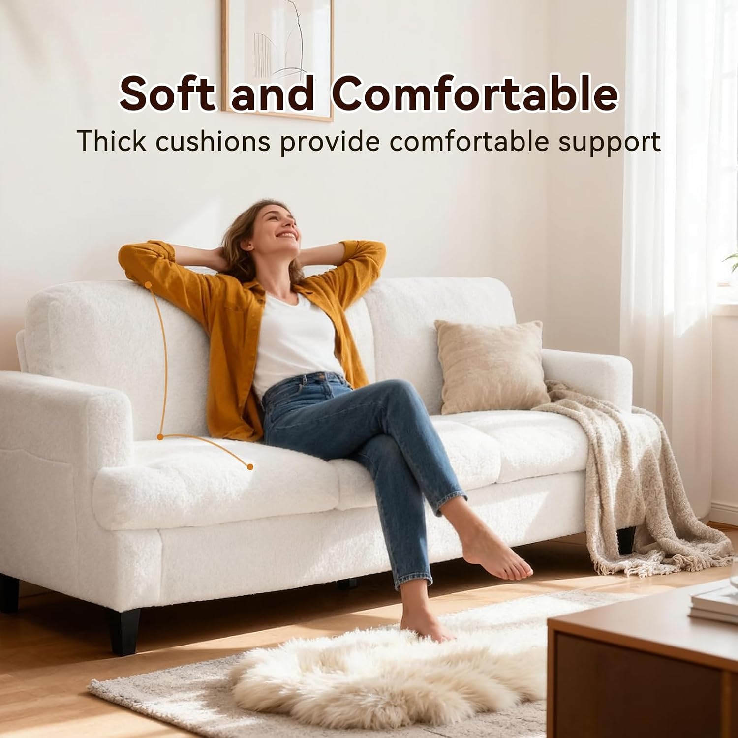 88' Cloud Couch Lamb Fleece Beige Couch 3 Seat Living Room Furniture with Side Pocket and Wide Armrest for Living Room, Bedroom, Office