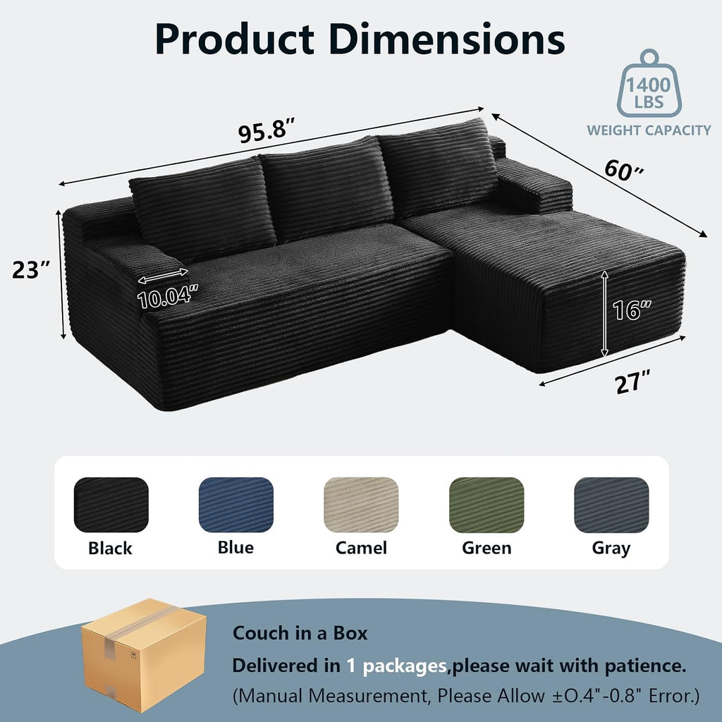 96' Cloud Sectional Couch with L-Shape Chaise, Modern Corduroy Boneless Couch for Living Room,Memory Foam Sofa with Deep Seat,No Assembly Required (Black,Right-Facing Chaise)